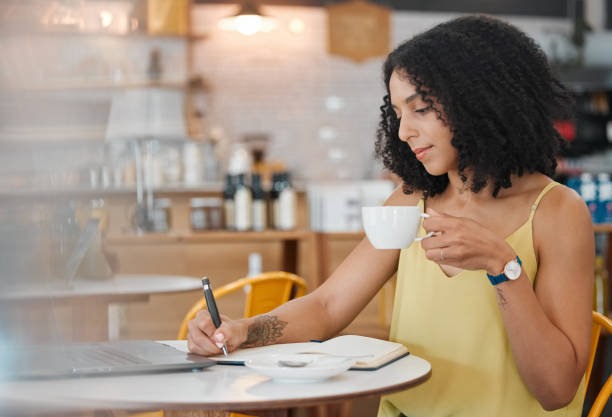 istock Cafe, freelancer and woman writing notes for a freelance project while drinking a cup of espresso. Technology, notebook and female from Mexico planning business report with a cappuccino in coffee shop 1482229009