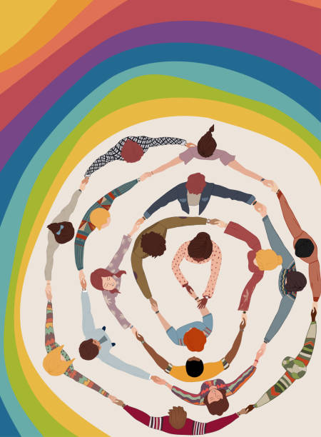 Multicultural volunteer people in circle top view. Support and assistance. NGO. Aid. Solidarity charity and donation. Give and help. Non-profit. People diversity. Poster banner template Template cover layout concept of volunteer or volunteer - non-profit association. Concept of humanity and solidarity towards people who need care and assistance. Team concept. Help towards multi-ethnic and multicultural communities. Volunteering of friendship and love towards people in need of help. Editable optimism background stock illustrations