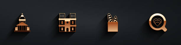 istock Set Museum building, Notre Dame de Paris, French baguette bread and Coffee cup icon with long shadow. Vector 1482230715