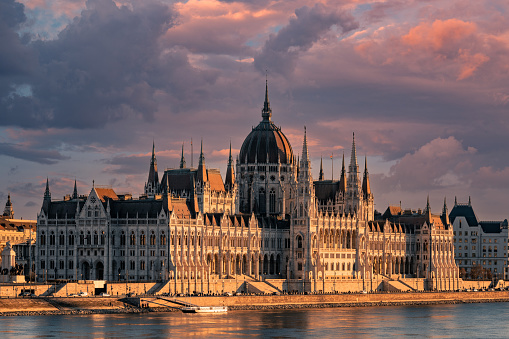 The Hungarian Parliament building at sunset. Budapest, Hungary, Europe
