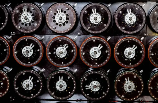 Indicator dials from the famous 'Bombe' machine at Bletchley Park used for deciphering German encrypted 'Enigma' messages.