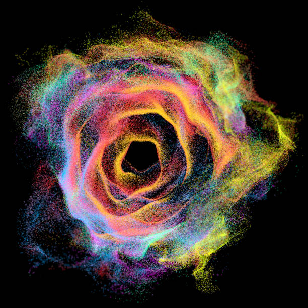 Belle rose multicolore composée de particules brillantes dans l’espace noir, image 3D générée numériquement - Photo