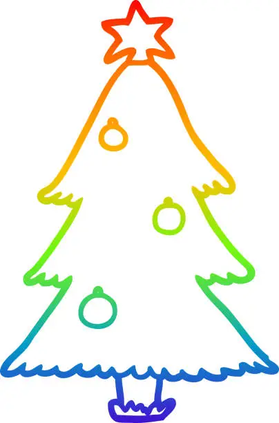 Vector illustration of rainbow gradient line drawing of a christmas tree