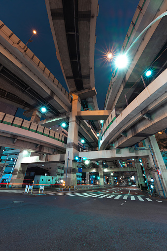 Looking up at the elevated night view of Hakozaki Junction from the bottom