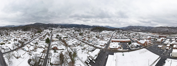 aerial of a small Tennessee town on a snowy day
