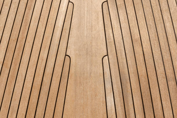 Teak wood on yacht deck stock photo