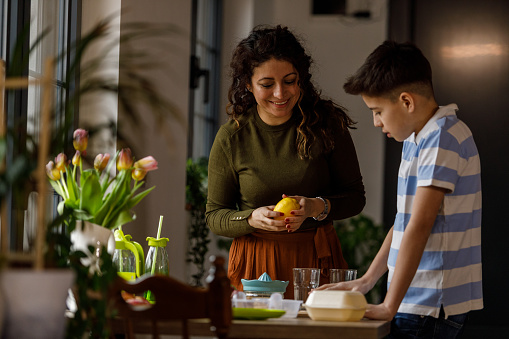 Portrait of smiling mid adult woman and her elementary age son standing over a dining table and making a refreshing lemonade together, having bonding moments.