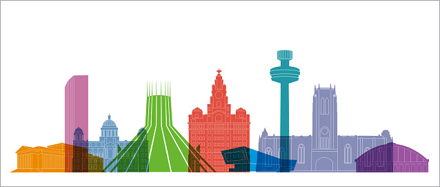 Colourful overlapping silhouettes of famous Liverpool Buildings. Tourism, United Kingdom, Leisure, Holiday, , Albert Dock, Eurovision Song Contest