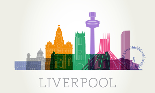 Colourful overlapping silhouettes of famous Liverpool Buildings. Tourism, United Kingdom, Leisure, Holiday, , Albert Dock