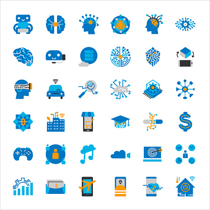 Innovative artificial intelligence and technology icon set in flat color style, designed to represent the latest advancements in AI and technology, vector illustration