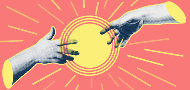 istock Trendy collage with hand gestures, cutout shapes Symbol win, like, punk. Grunge halftone retro banner poster design. Concept of unity, solidarity, faith, prayer, victory. Vector illustration 1482242853