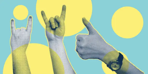 Vector illustration of Trendy collage with hand gestures, cutout shapes Symbol win, like, punk. Grunge halftone retro banner poster design. Concept of protest, confrontation, struggle, strike, victory. Vector illustration