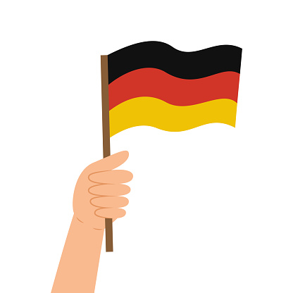 Hand holding Germany flag. Vector illustration in flat style isolated on white background.