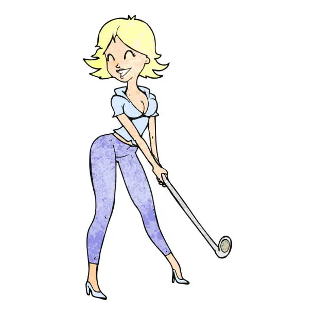 Vector illustration of cartoon woman playing golf