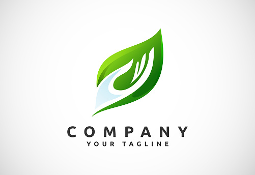 Green leaf hand logo design. Natural eco friendly symbol vector. Organic icon, Growth concept