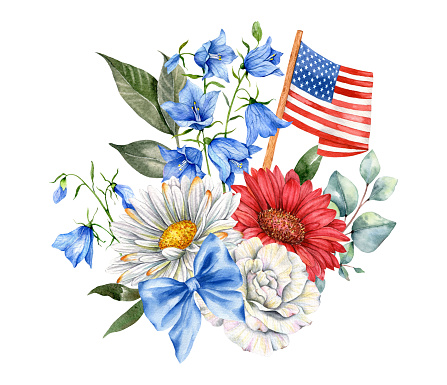 4th of july patriotic floral design. Watercolor illustration in US patriotic colors.  American Flag