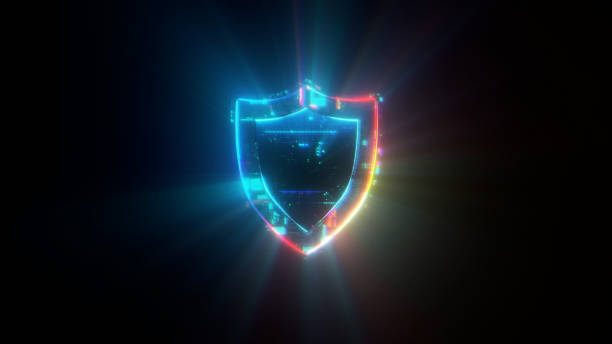 istock Internet cyber security concept. Vibrant colourful digital shield icon on black background 1482244707