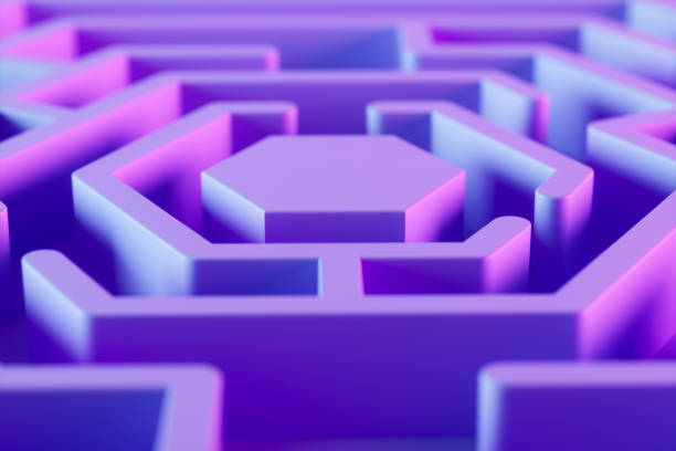 istock Labyrinth maze in hexagon shape on lilac background with neon lighting 1482246490