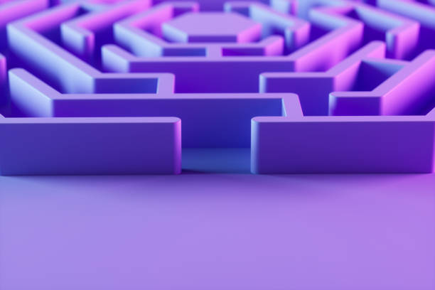istock Labyrinth maze in hexagon shape on lilac background with neon lighting 1482246536