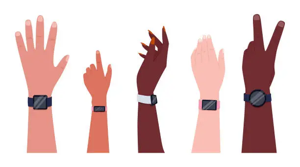 Vector illustration of Male and female Hands of people of different ethnic groups with smart watch or fitness bracelet. Set of vector flat arms.