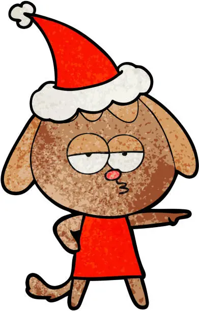 Vector illustration of hand drawn textured cartoon of a bored dog wearing santa hat