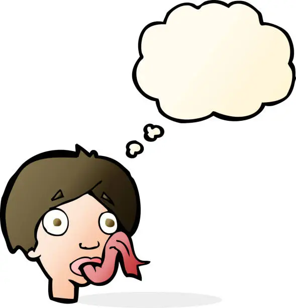 Vector illustration of cartoon head sticking out tongue with thought bubble