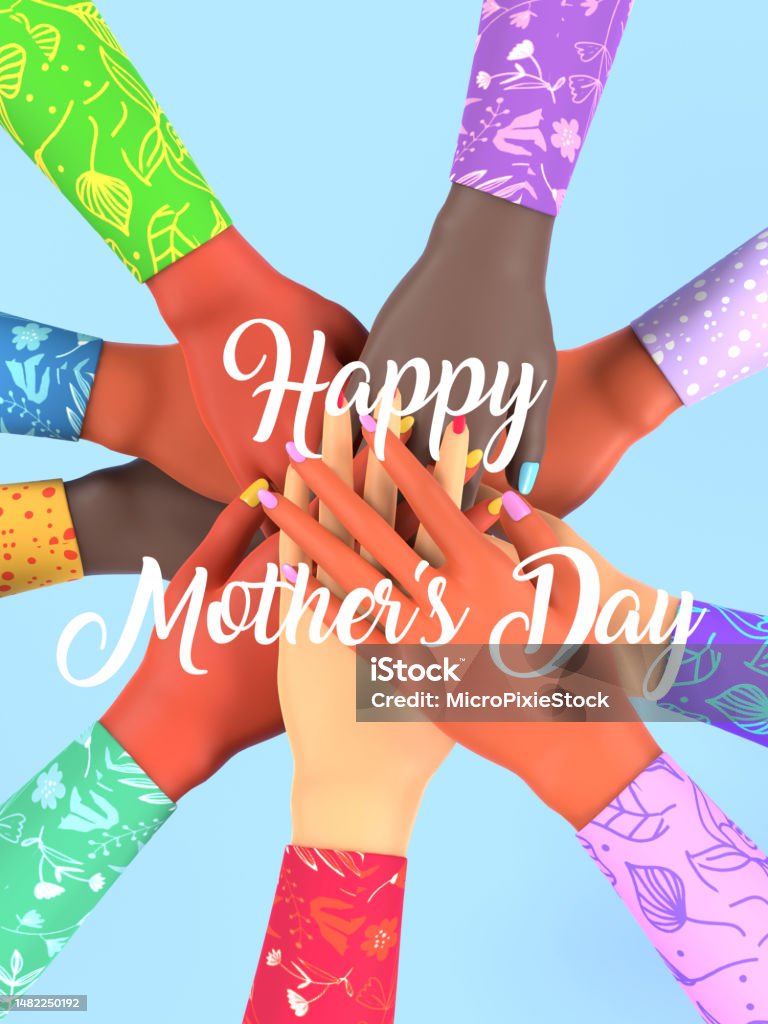 Different Women's Hands From All Around The World are Celebrating Mother's Day Mother's Day and feminism concept. Women's hands from all around the world are united to celebrate. Easy to crop to all sizes for social media, print or other design needs. Achievement Stock Photo