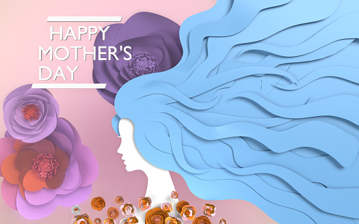 Mother's Day celebration greeting card on pink background with floral design and woman silhouette. Happy Mother's Day text. Easy to crop for all your social media and print sizes.