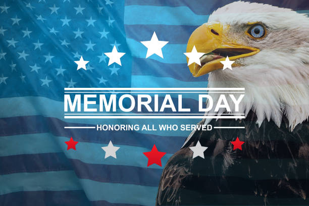 2023년 5월 29일 월요일. 메모리얼 데이는 배경에 미국 국기와 미국의 상징인 대머리 독수리로 아름답게 묘사된 이 포스터에 빠르게 다가오고 있습니다. - symbol military star eagle 뉴스 사진 이미지