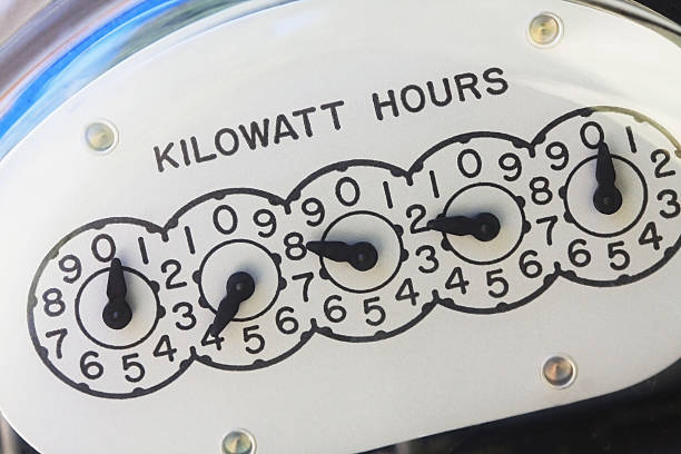 The reading of an electric meter is displayed Close-up of electric meter face showing kilowatt hours. kilowatt stock pictures, royalty-free photos & images