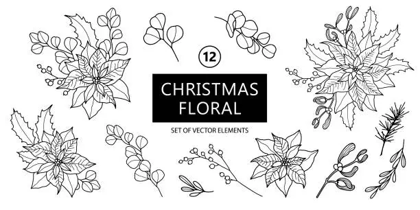Vector illustration of Set of Christmas floral vector hand drawn elements.