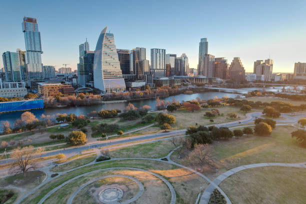 Aerial views from over Austin, Texas at sunrise