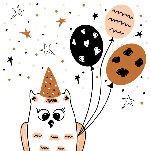 Vector illustration of Vector birthday party card with cute owl.