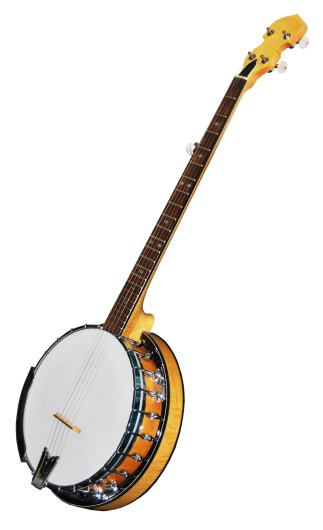 A five string banjo.  Golden maple.  Mother of pearl tuners.