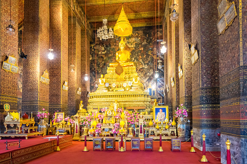 Ordination hall (ubosot) at Wat Pho in Bangkok, Thailand on a cloudy day.
