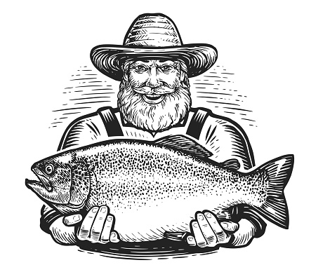 Happy old fisherman with big caught fish. Fishing concept. Hand drawn sketch vector illustration