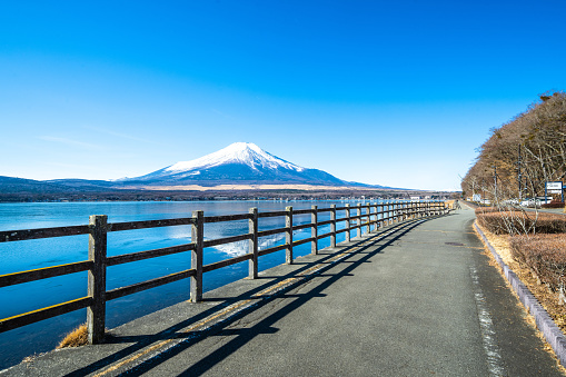 Mt. Fuji seen from Lake Yamanaka in the early winter morning