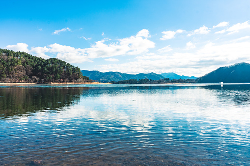 Picturesque lake in the autumn forest. Mountain Lake Synevyr in Carpathian, Ukraine. Panorama