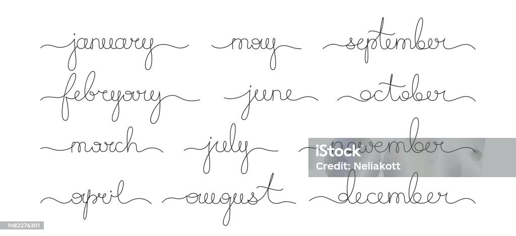 Months Names Line Cursive Calligraphy Set Calendar Continuous