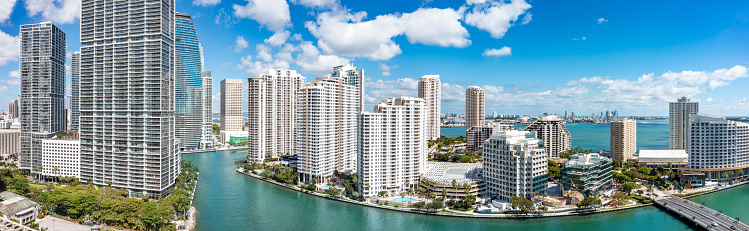 Aerial panorama of Miami, Florida. Miami is a majority-minority city and a major center and leader in finance, commerce, culture, arts, and international trade.