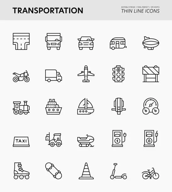 Vector illustration of Transportation Editable Stroke Icons