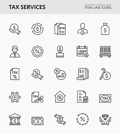 Tax Services Editable Stroke Thin Line Icons