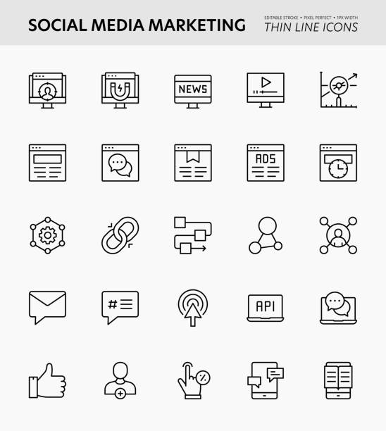 illustrazioni stock, clip art, cartoni animati e icone di tendenza di icone di tratti modificabili per il social media marketing - feed on