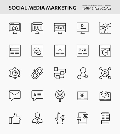 Social Media Marketing Editable Stroke Thin Line Icons