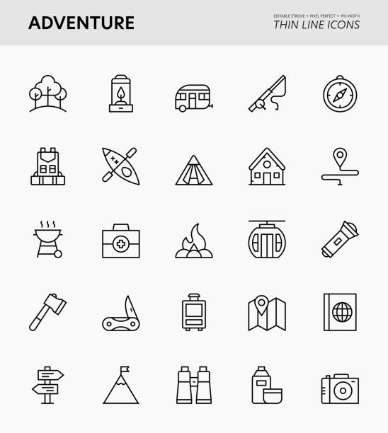Adventure Editable Stroke Icons Adventure Editable Stroke Thin Line Icons grill rods stock illustrations