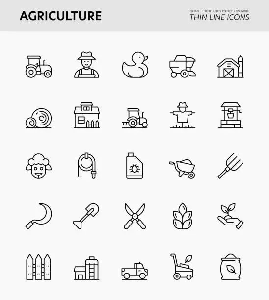 Vector illustration of Agriculture Editable Stroke Icons
