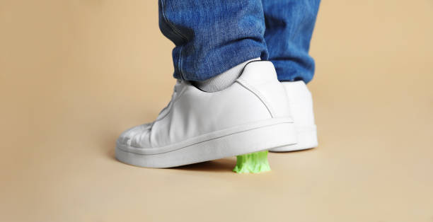 istock Person stepping into chewing gum on light brown background, closeup 1482286020