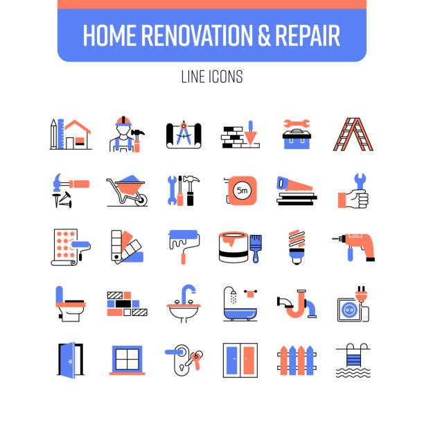 zestaw ikon linii remontowo-naprawczej domu. architekt, wykonawca, dom. - mechanic window repairing paint stock illustrations