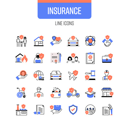 Insurance Line Icon Set. Protection, Accident, Support, Emergency, Retirement, Healthcare.
