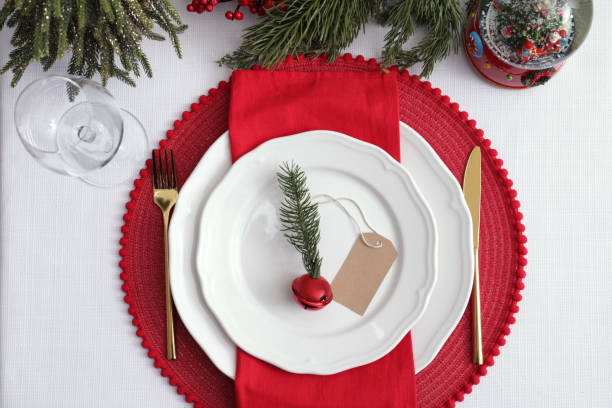 istock Luxury place setting with beautiful festive decor for Christmas dinner on white table, flat lay 1482286796